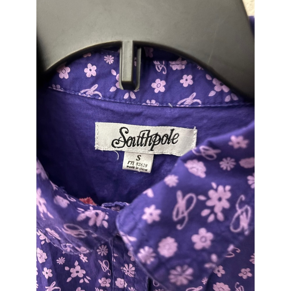 Southpole Purple Floral Embroidered Heart Short Sleeve Shirt S (A725) - Picture 3 of 3